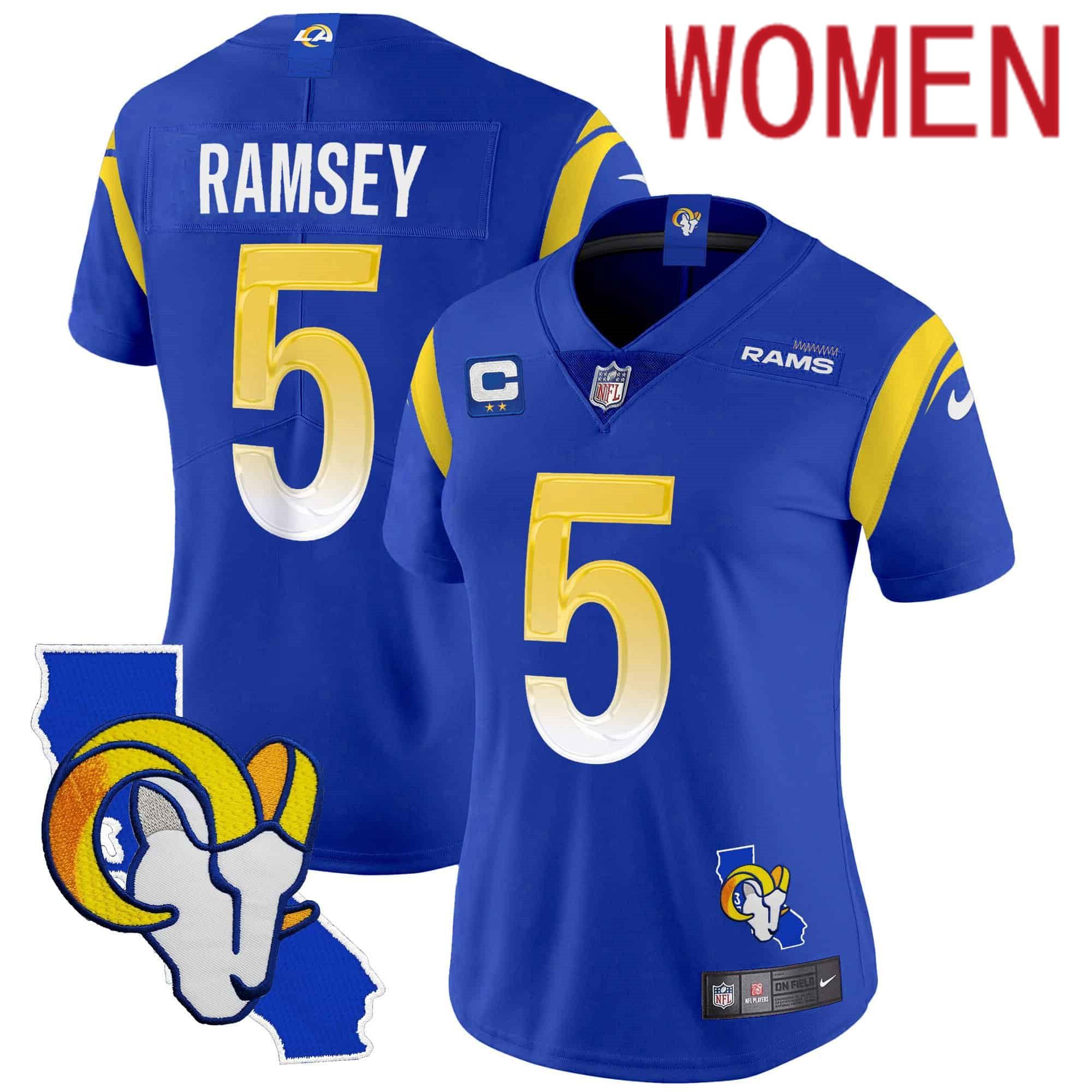 Women Los Angeles Rams #5 Ramsey Blue 2024 Nike California Patch Vapor Limited NFL Jersey style 1->women nfl jersey->Women Jersey